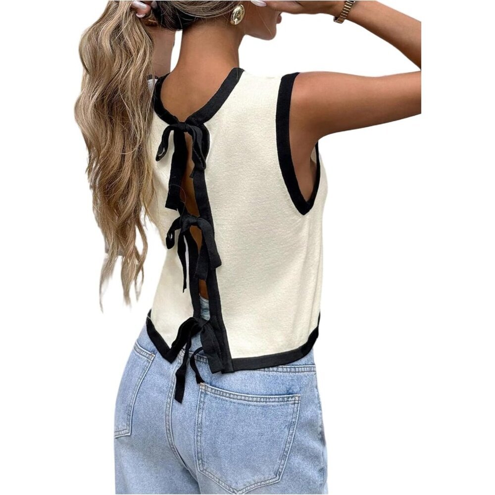 Women's Knit Sweater Vest Sleeveless Color Block Crew Neck Fall Tank